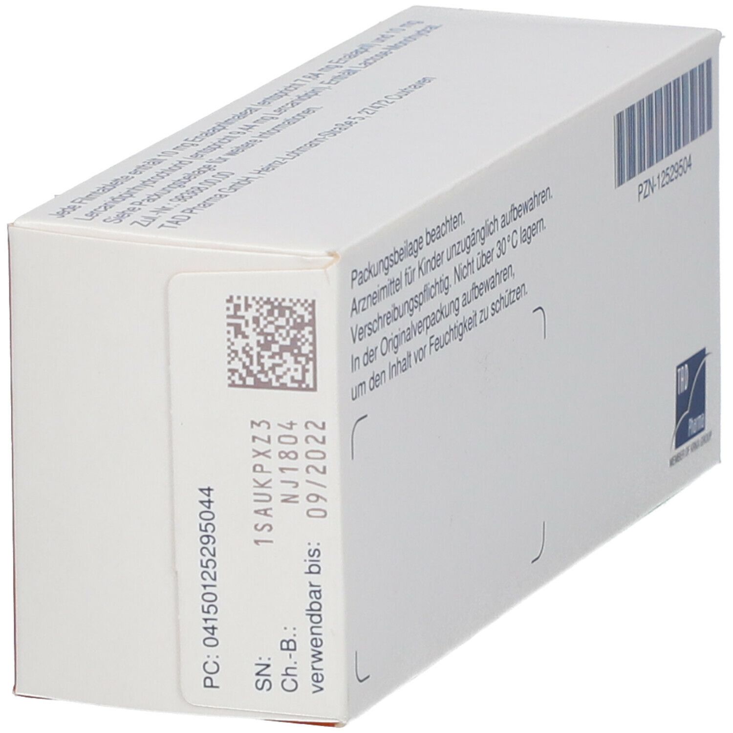 Rückseite des Kartons von EnaCanpin 10 mg/10 mg Filmtabletten. Weiß mit Text, Barcode und QR-Code. Enthält Informationen zur Aufbewahrung und Hersteller.