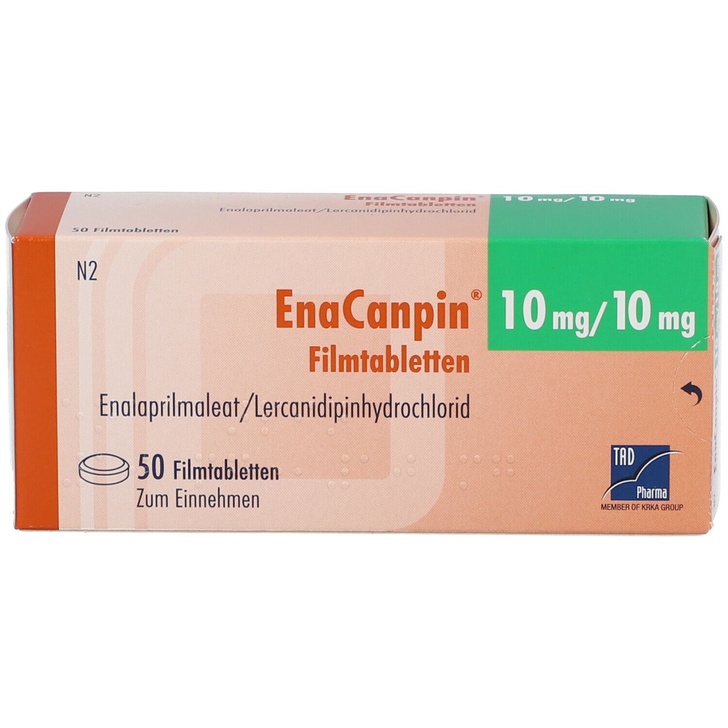 Karton von EnaCanpin 10 mg/10 mg Filmtabletten. Orange-weiß mit grüner Oberseite. Enthält 50 Tabletten. Aufdruck: Enalaprilmaleat/Lercanidipinhydrochlorid.