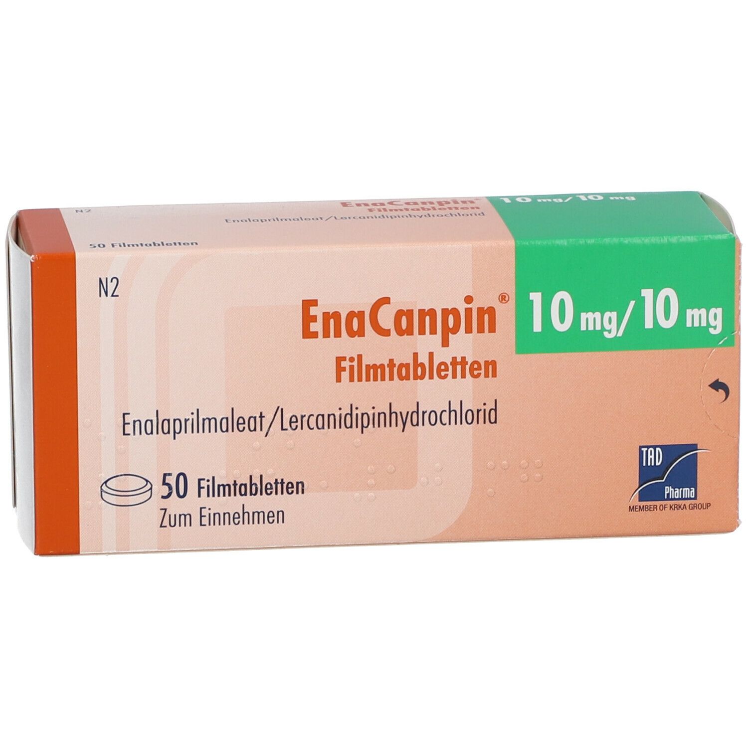 Karton von EnaCanpin 10 mg/10 mg Filmtabletten. Orange-weiß mit grüner Oberseite. Enthält 50 Tabletten. Aufdruck: Enalaprilmaleat/Lercanidipinhydrochlorid.
