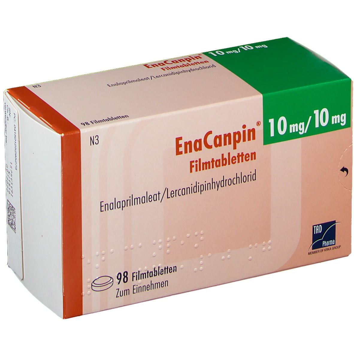EnaCanpin® 10 mg/10 mg Filmtabletten-Packung. Enthält 98 Tabletten. Aufdrucke: EnaCanpin, 10 mg/10 mg, Enalaprilmaleat/Lercanidipinhydrochlorid.