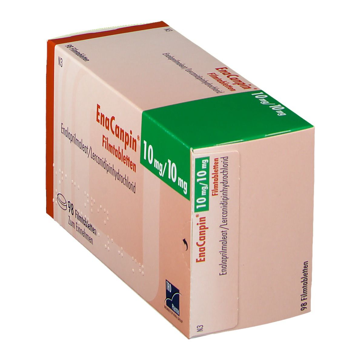 EnaCanpin® 10 mg/10 mg Filmtabletten-Packung. Aufdrucke: EnaCanpin, 10 mg/10 mg, Enalaprilmaleat/Lercanidipinhydrochlorid. Grüne und beige Farbgebung.