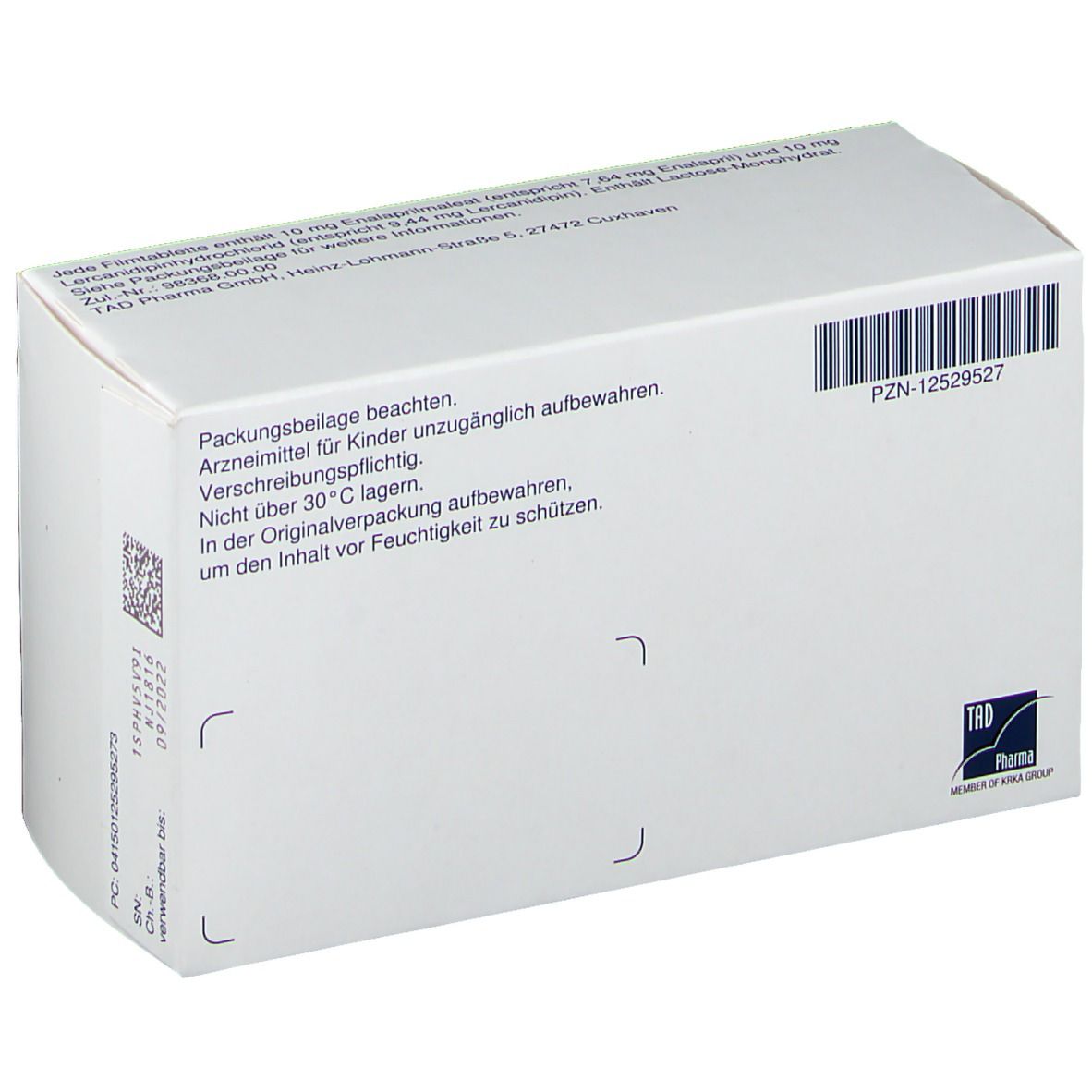 Rückseite der EnaCanpin®-Packung. Enthält Informationen wie Packungsbeilage, Lagerhinweise und Herstellerinformationen. PZN-12529527.