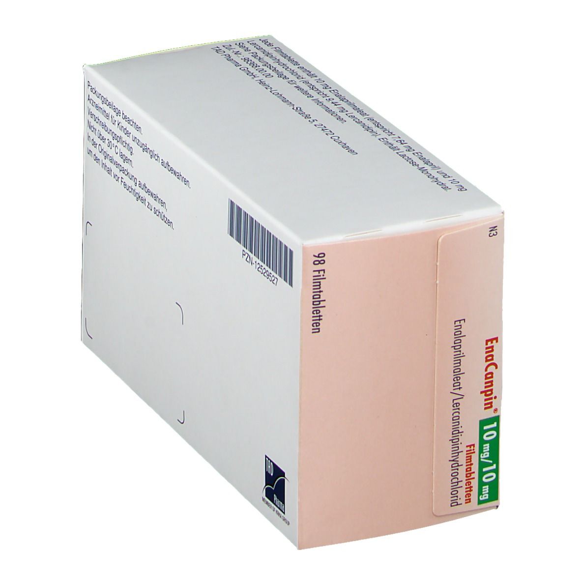 EnaCanpin® 10 mg/10 mg Packung. Aufdrucke: EnaCanpin, 10 mg/10 mg, Enalaprilmaleat/Lercanidipinhydrochlorid. Enthält 98 Tabletten. PZN-12529527.