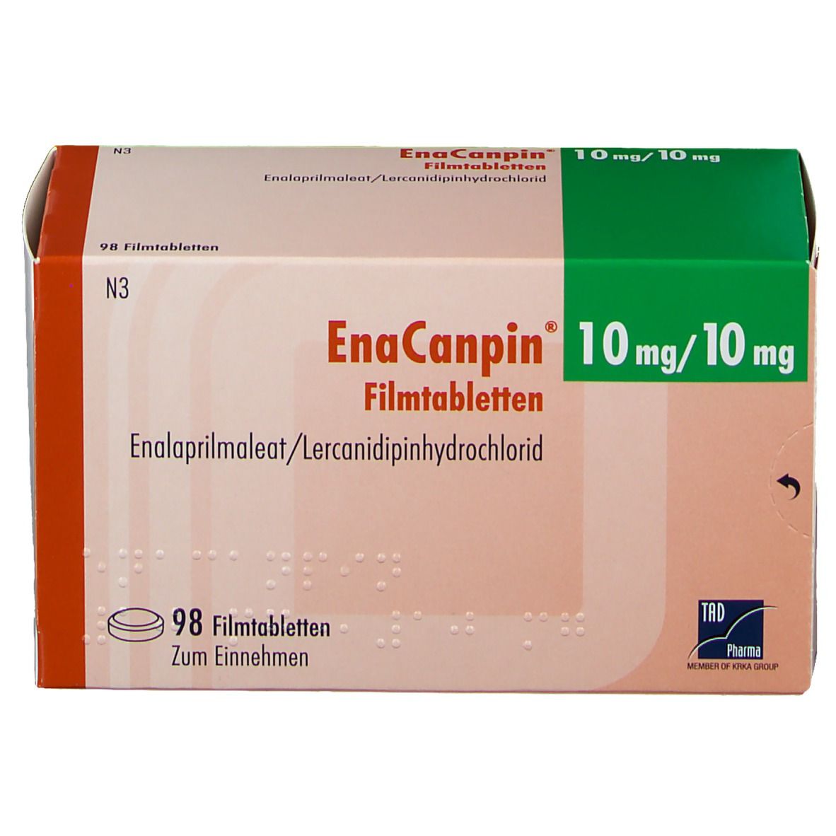 EnaCanpin® 10 mg/10 mg Filmtabletten-Packung. Aufdrucke: EnaCanpin, 10 mg/10 mg, Enalaprilmaleat/Lercanidipinhydrochlorid. Enthält 98 Tabletten.
