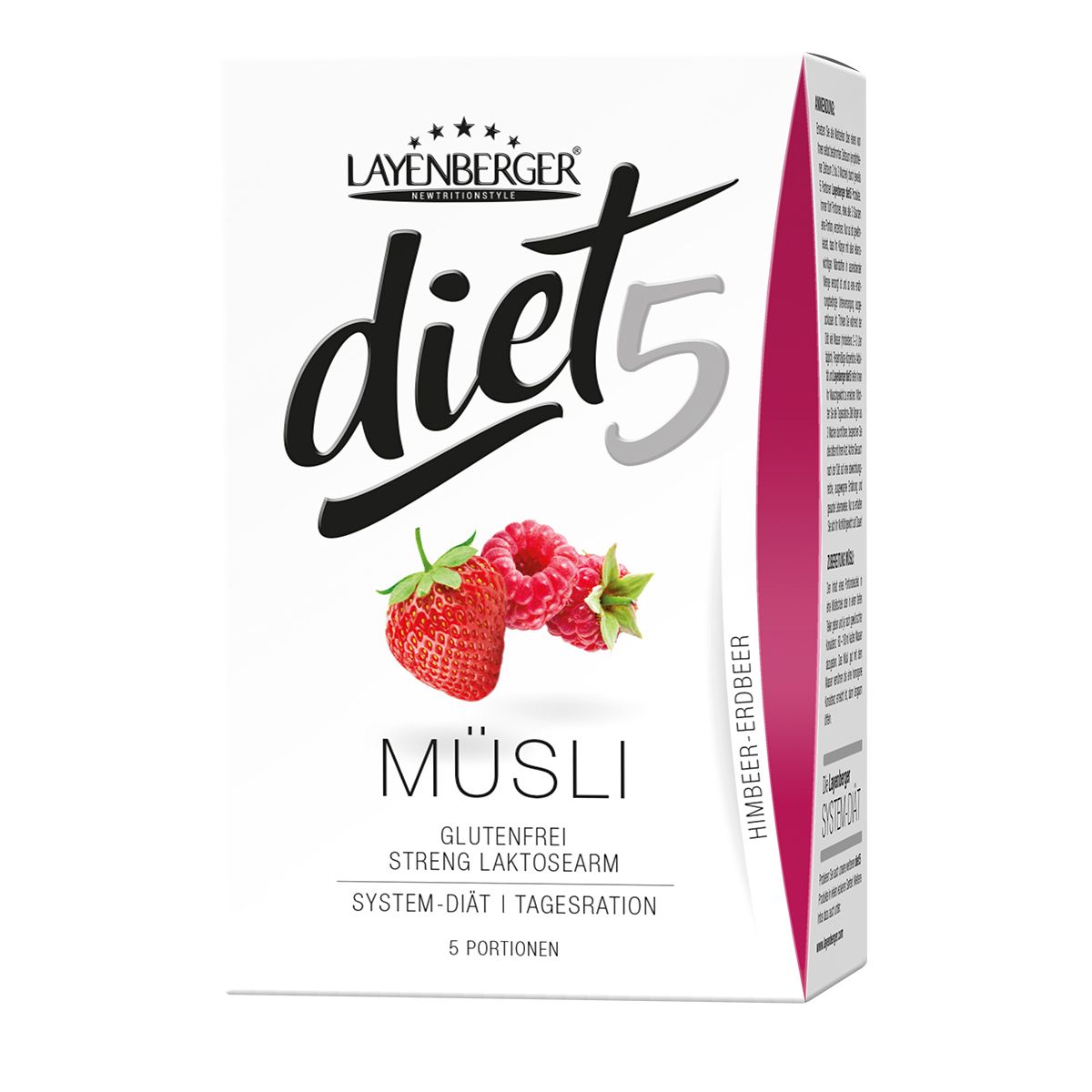 Verpackung von LAYENBERGER diet5 Müsli Himbeer-Erdbeer. Abbildung von Erdbeeren und Himbeeren. Text: Müsli, glutenfrei, streng laktosearm.