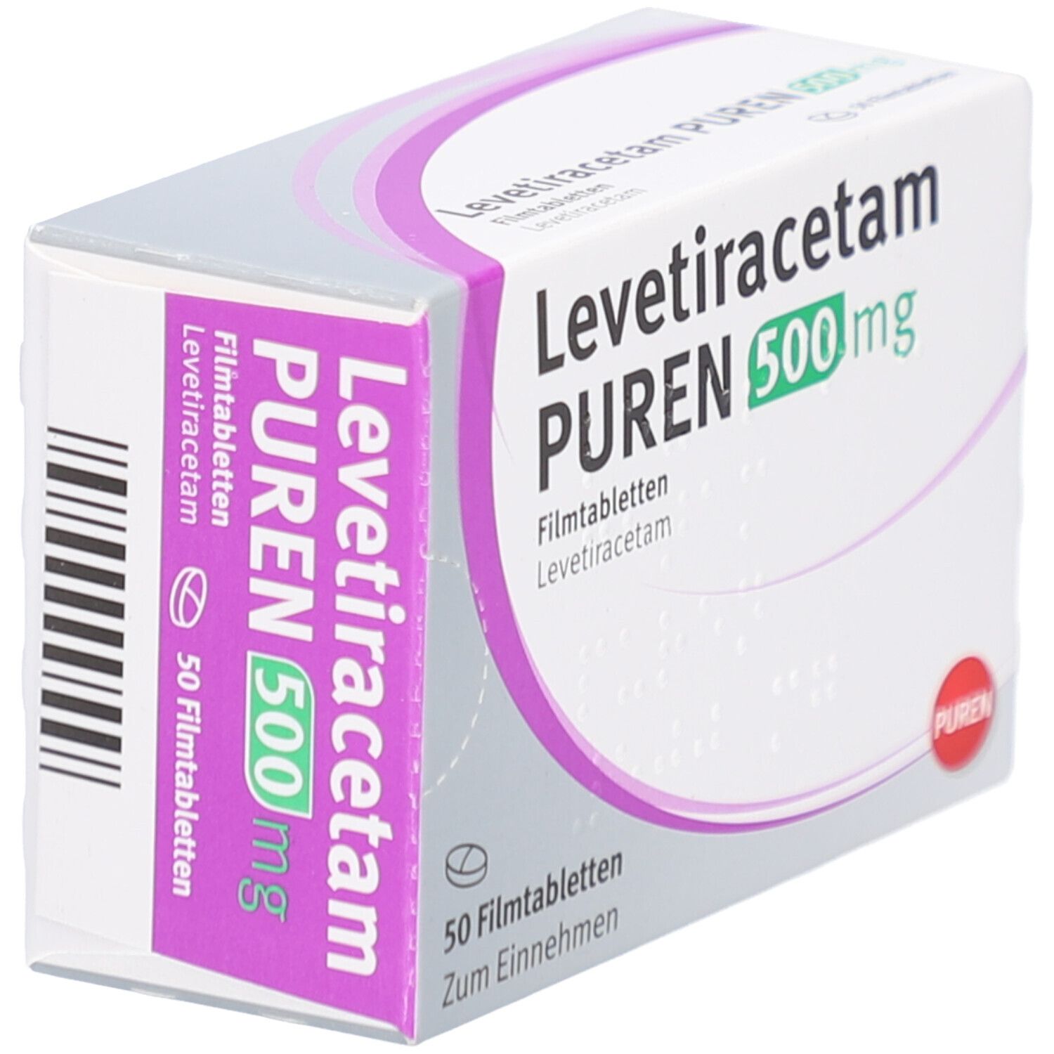 Schachtel Levetiracetam PUREN 500 mg Filmtabletten. Aufschrift: 50 Filmtabletten. PUREN-Logo. Weiße Verpackung mit grüner und violetter Schrift. Barcode.