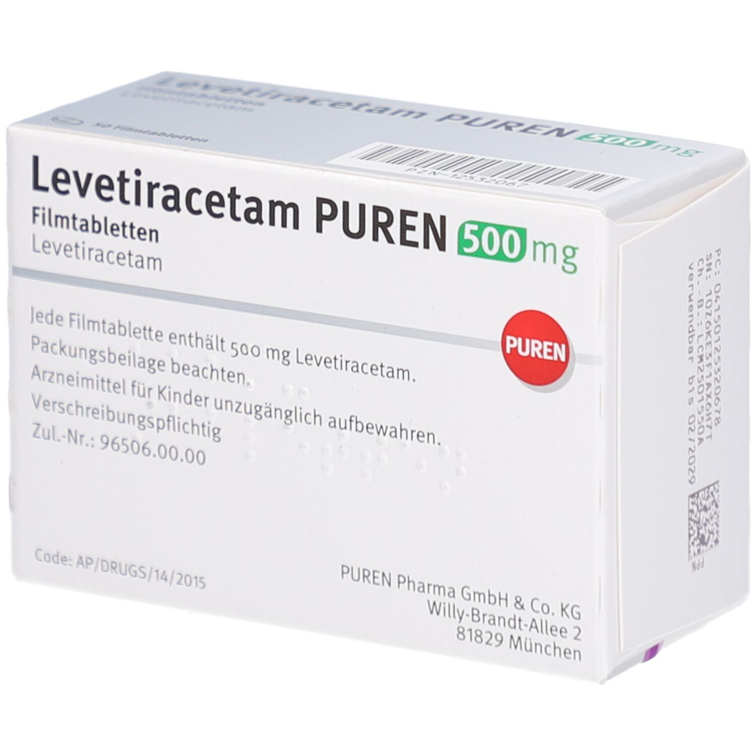 Schachtel Levetiracetam PUREN 500 mg Filmtabletten. Aufschrift: 50 Filmtabletten. PUREN-Logo. Weiße Verpackung mit grüner und violetter Schrift. Text auf der Rückseite.