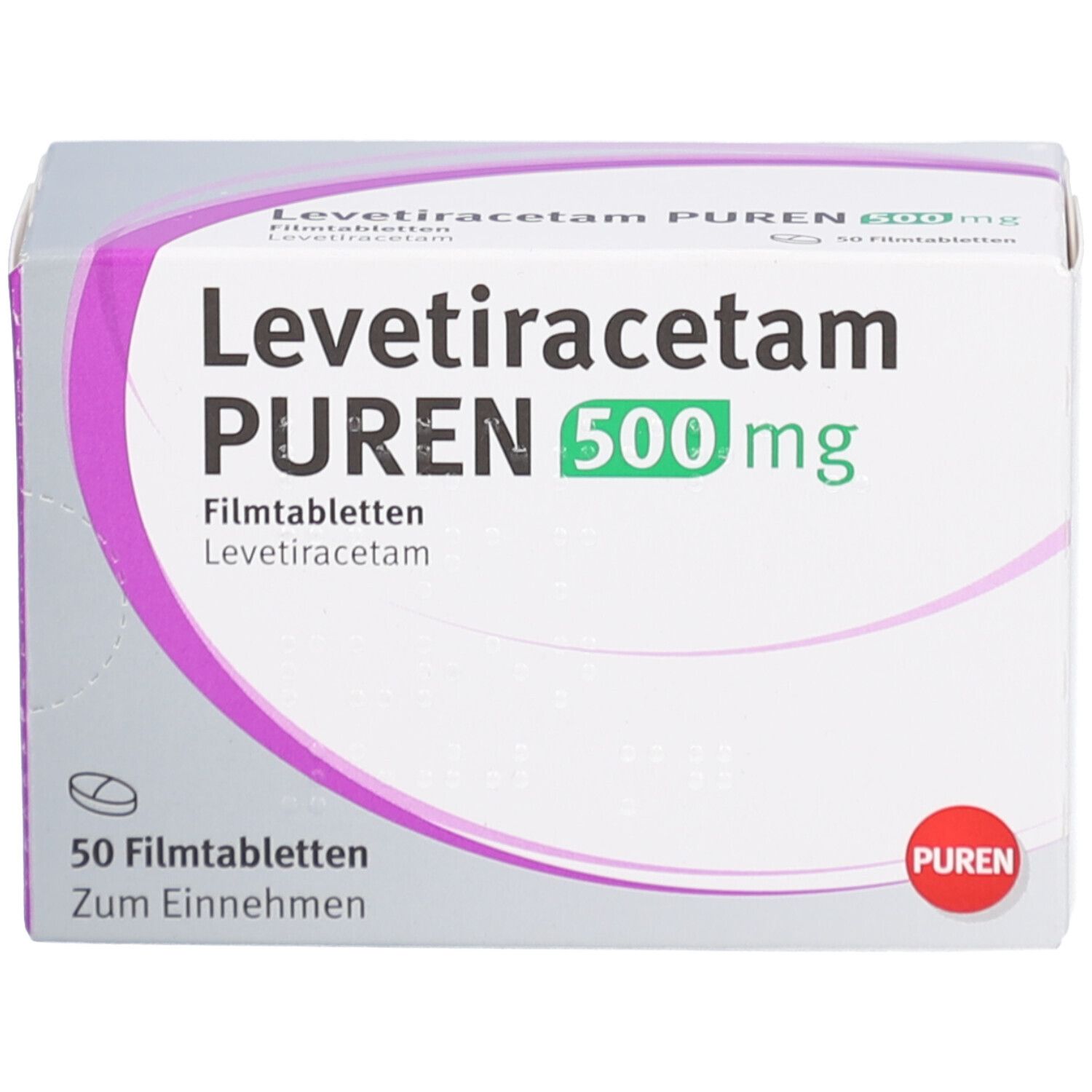 Schachtel Levetiracetam PUREN 500 mg Filmtabletten. Aufschrift: 50 Filmtabletten. PUREN-Logo. Weiße Verpackung mit grüner und violetter Schrift. Abgerundete Form.