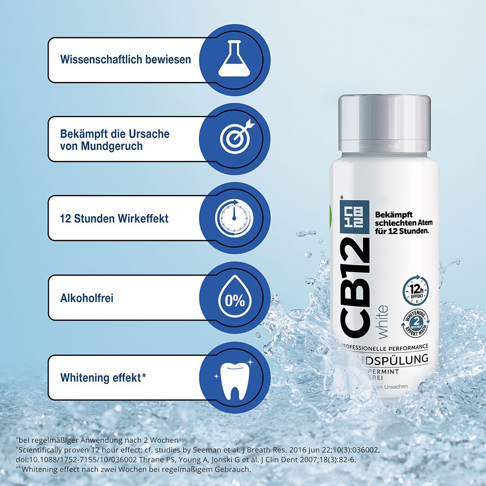 CB12 White Mundspülung: Mundwasser für weißere Zähne und frischen Atem, mit  Zinkacetat & Chlorhexidin, Geschmack Minze, alkoholfrei, 250ml : :  Drogerie & Körperpflege
