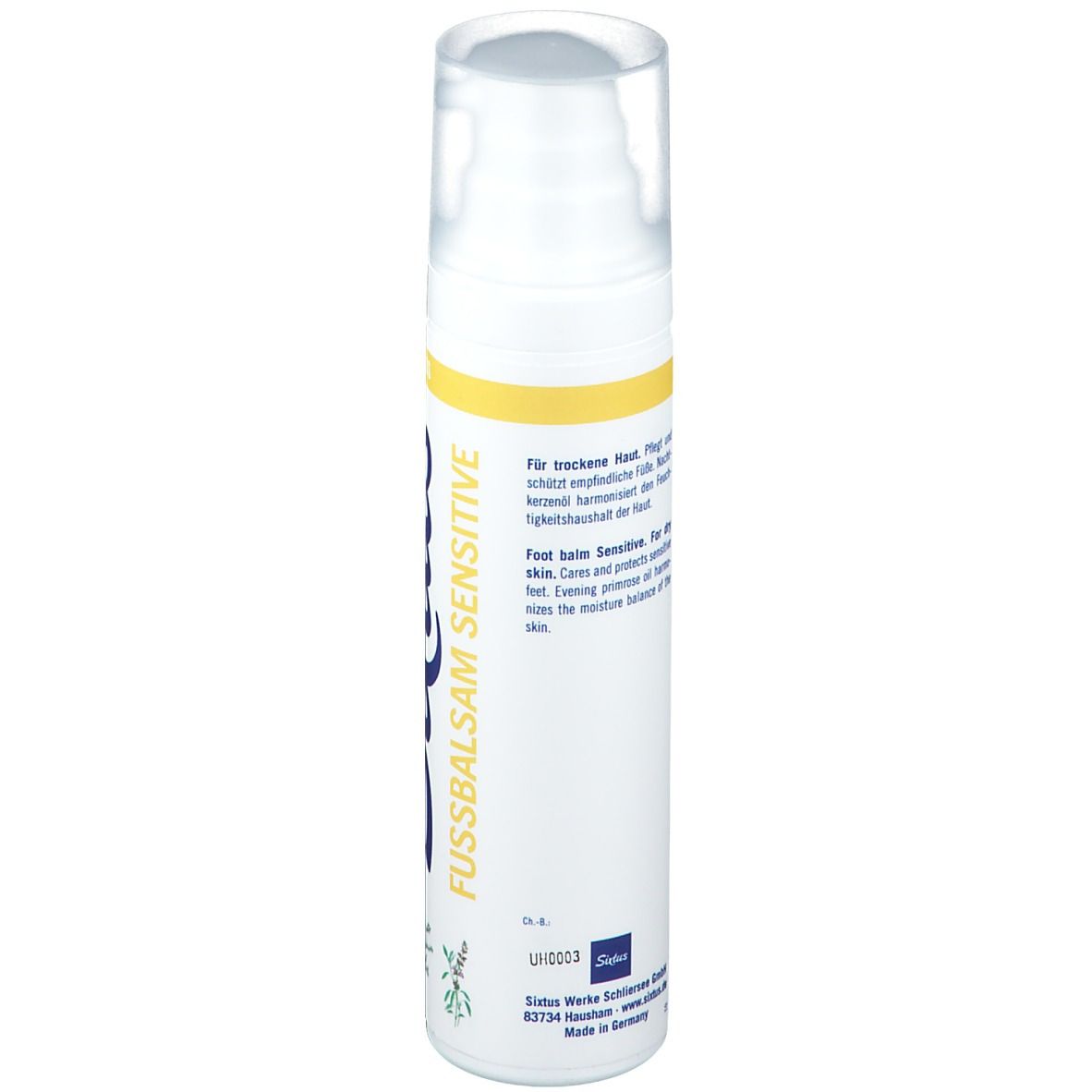 Weiße Flasche mit Text. Sixtus Fussbalsam Sensitiv. Text in Deutsch und Englisch. Transparenter Sprühkopf.