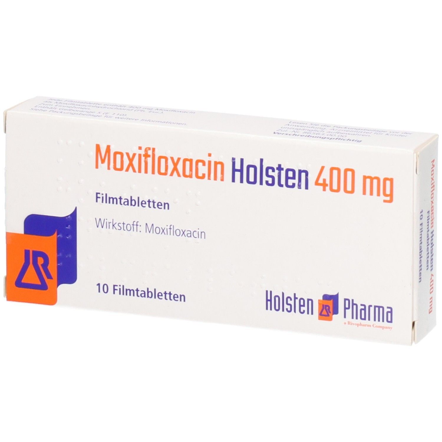 Schachtel mit Aufschrift Moxifloxacin Holsten 400 mg. Enthält 10 Filmtabletten. Logo von Holsten Pharma.