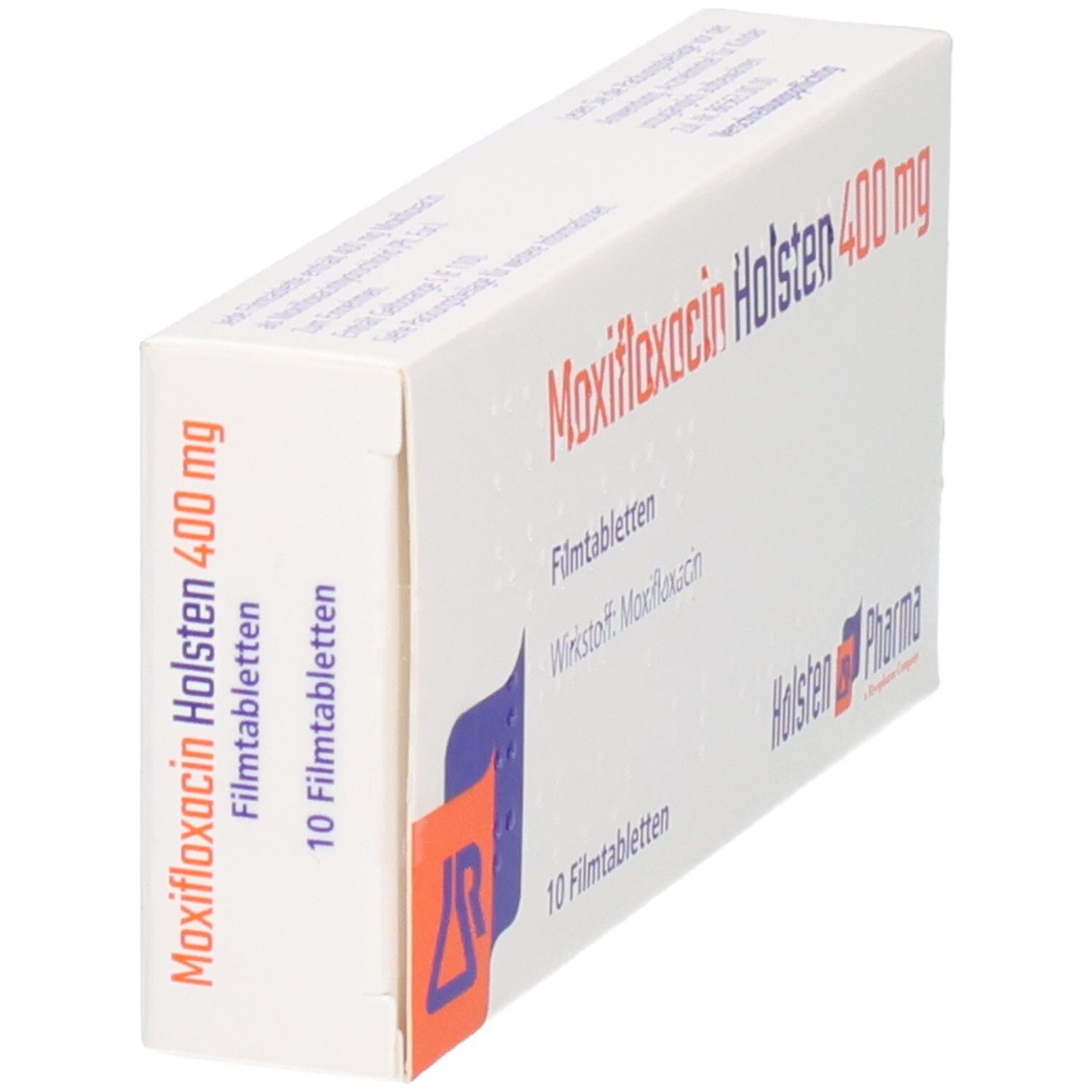 Schachtel Moxifloxacin Holsten 400 mg, 10 Filmtabletten. Seitenansicht. Logo Holsten Pharma.
