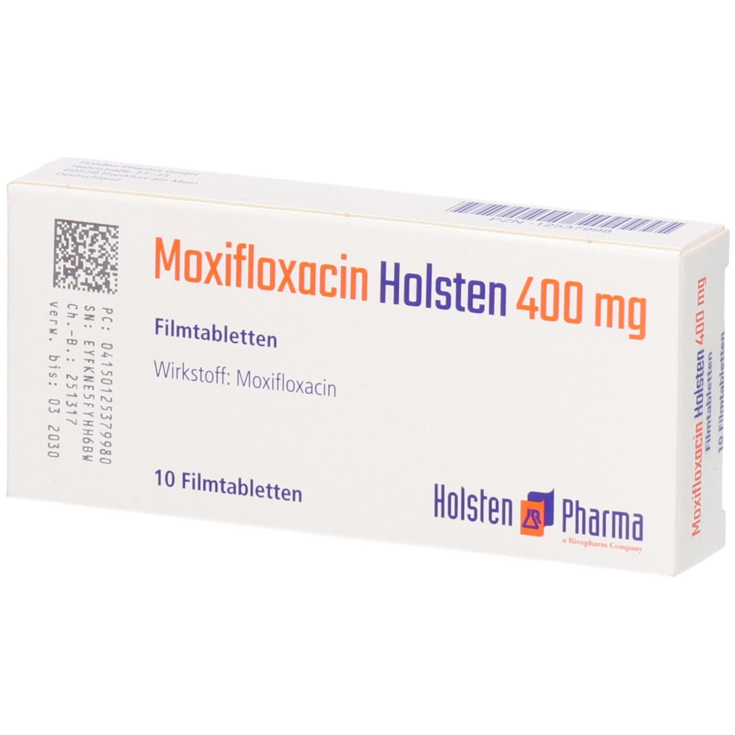 Schachtel Moxifloxacin Holsten 400 mg, 10 Filmtabletten. Mit Barcode und Chargennummer. Logo Holsten Pharma.