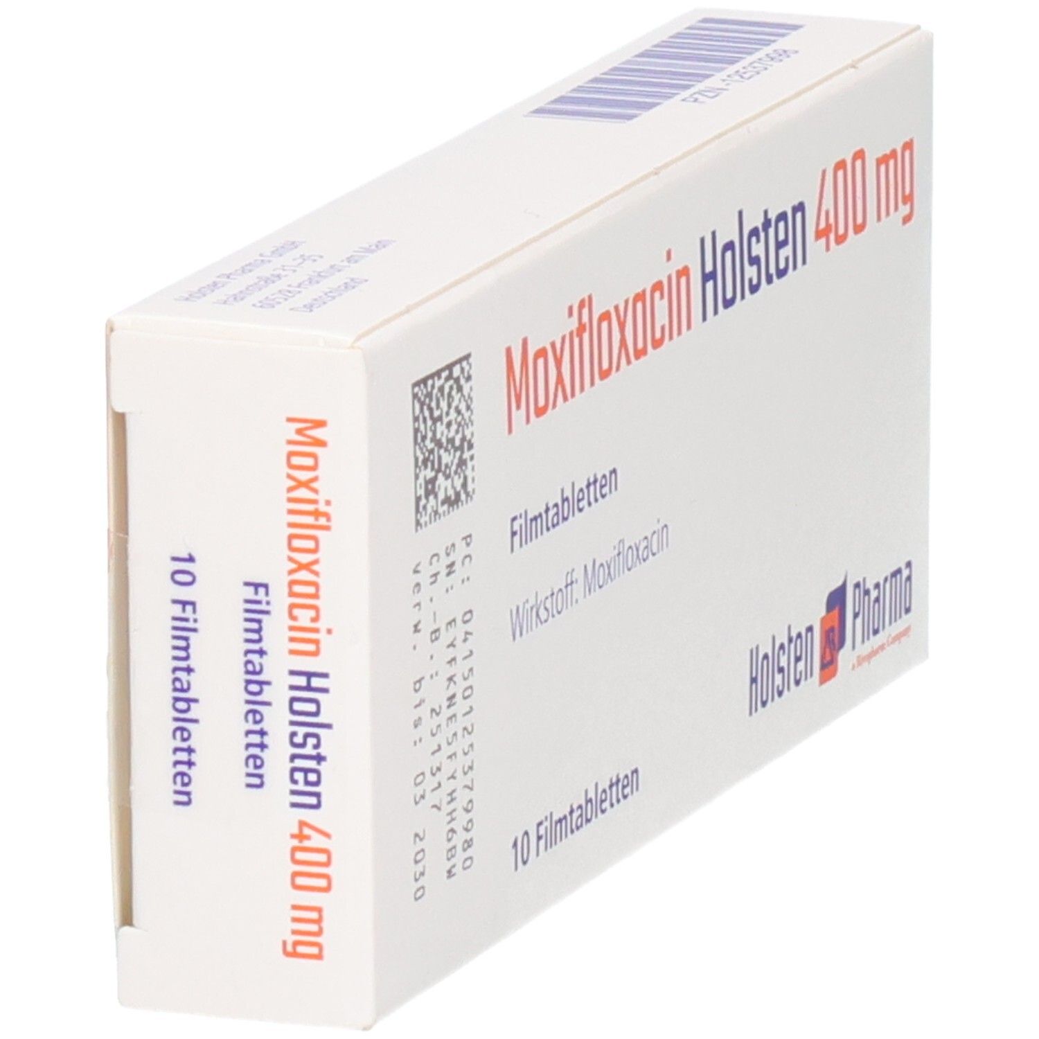 Schachtel Moxifloxacin Holsten 400 mg, 10 Filmtabletten. Mit Barcode und Chargennummer. Seitenansicht.