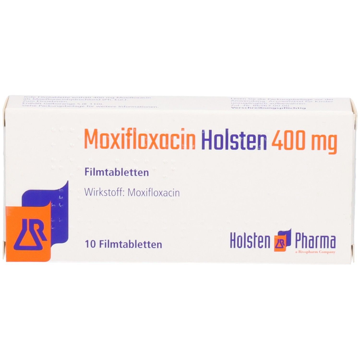 Schachtel Moxifloxacin Holsten 400 mg, 10 Filmtabletten. Logo Holsten Pharma.