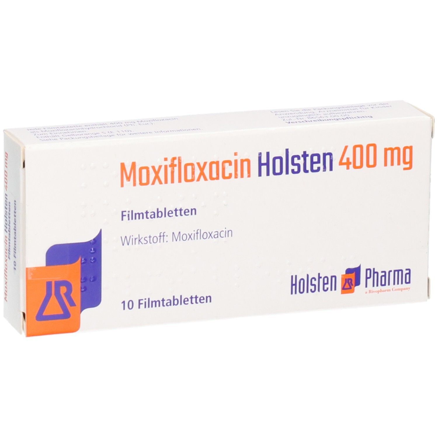 Schachtel Moxifloxacin Holsten 400 mg, 10 Filmtabletten. Logo Holsten Pharma.