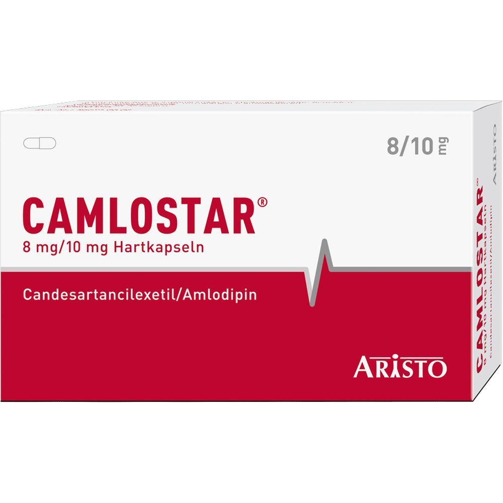 Weiße Schachtel mit rotem Streifen. Aufschrift CAMLOSTAR 8 mg/10 mg Hartkapseln. Enthält Candesartancilexetil/Amlodipin. Marke ARISTO.