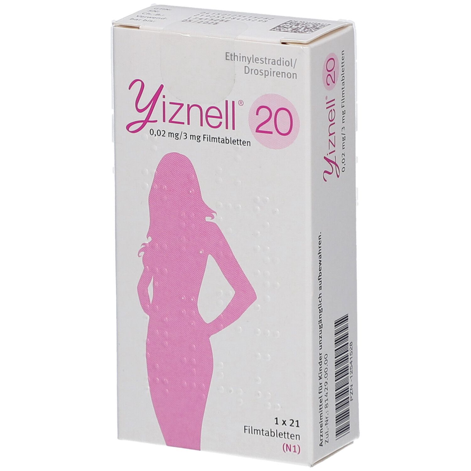 Schachtel mit Yiznell 20. Aufdruck: 0,02 mg/3 mg Filmtabletten. Abbildung einer Frau in Pink. 1 x 21 Filmtabletten.