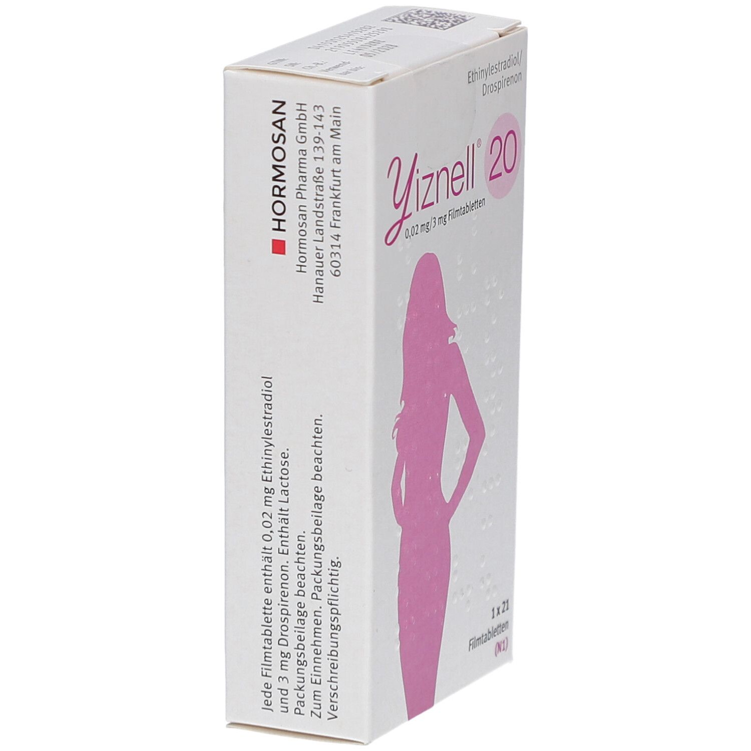Schachtel Yiznell 20, seitlich. Aufdruck: 0,02 mg/3 mg Filmtabletten. Hormosan Pharma GmbH. Abbildung einer Frau in Pink. 1 x 21 Filmtabletten.