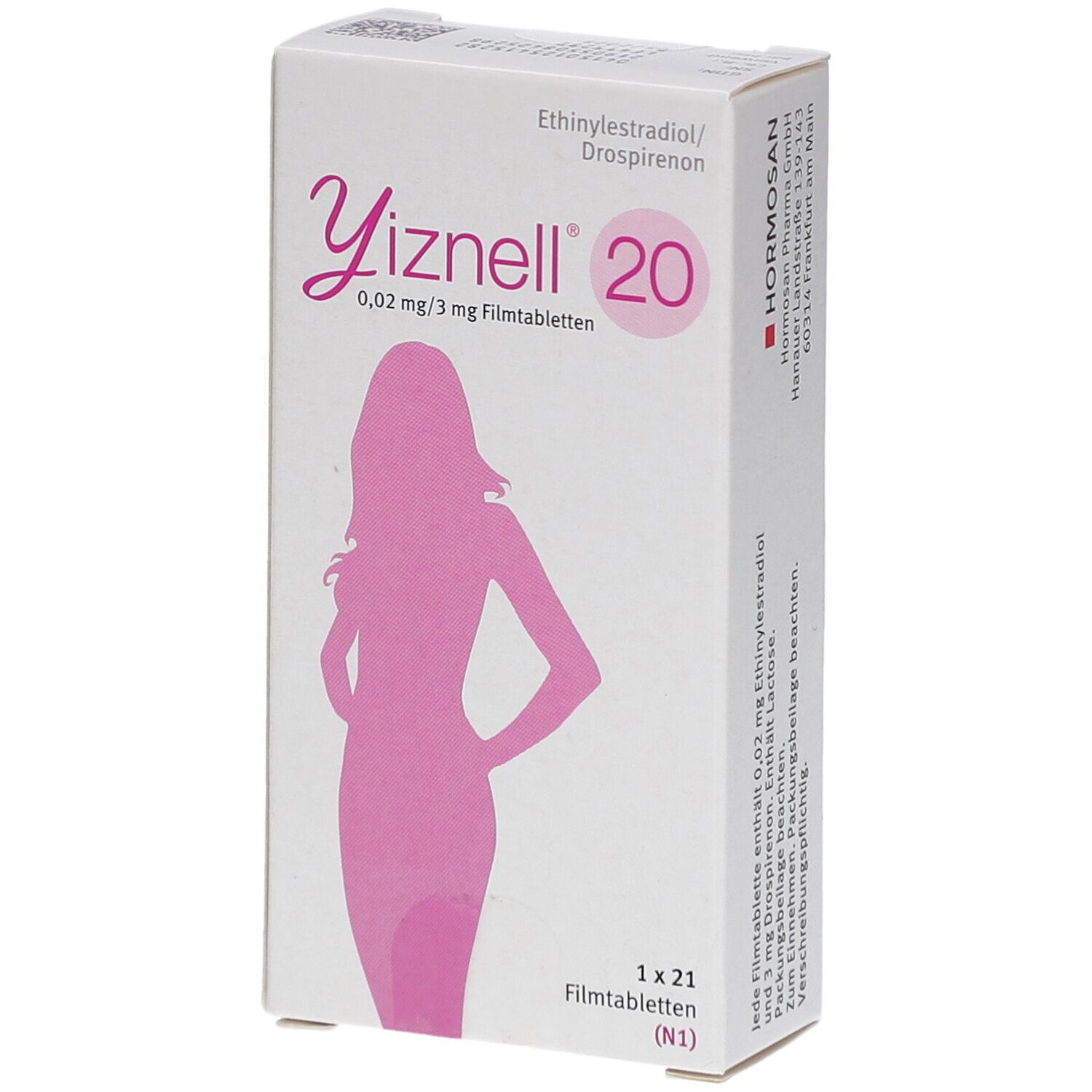 Schachtel mit Yiznell 20. Aufdruck: 0,02 mg/3 mg Filmtabletten. Hormosan Pharma GmbH. Abbildung einer Frau in Pink. 1 x 21 Filmtabletten.