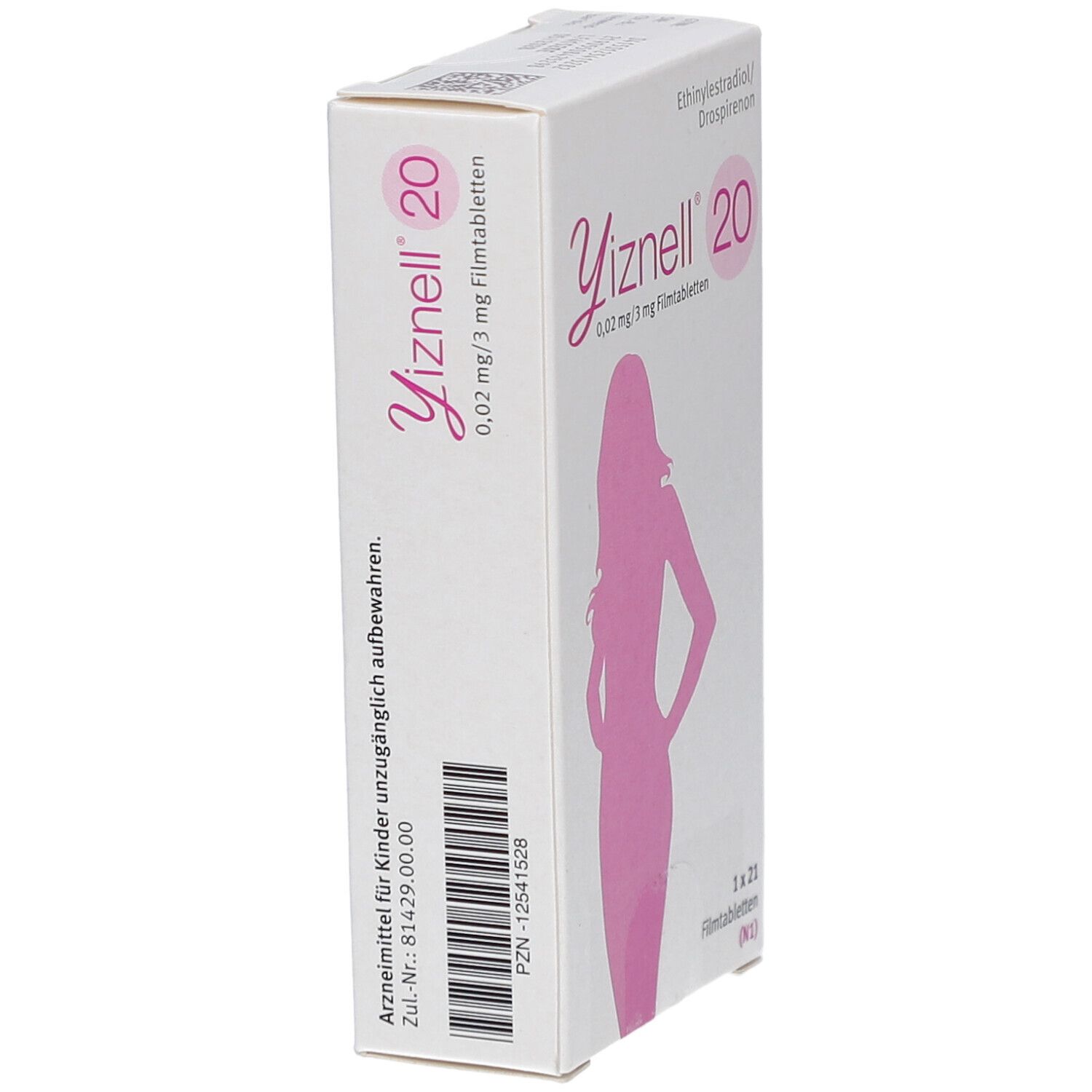 Schachtel Yiznell 20, seitlich. Aufdruck: 0,02 mg/3 mg Filmtabletten. Abbildung einer Frau in Pink. 1 x 21 Filmtabletten.