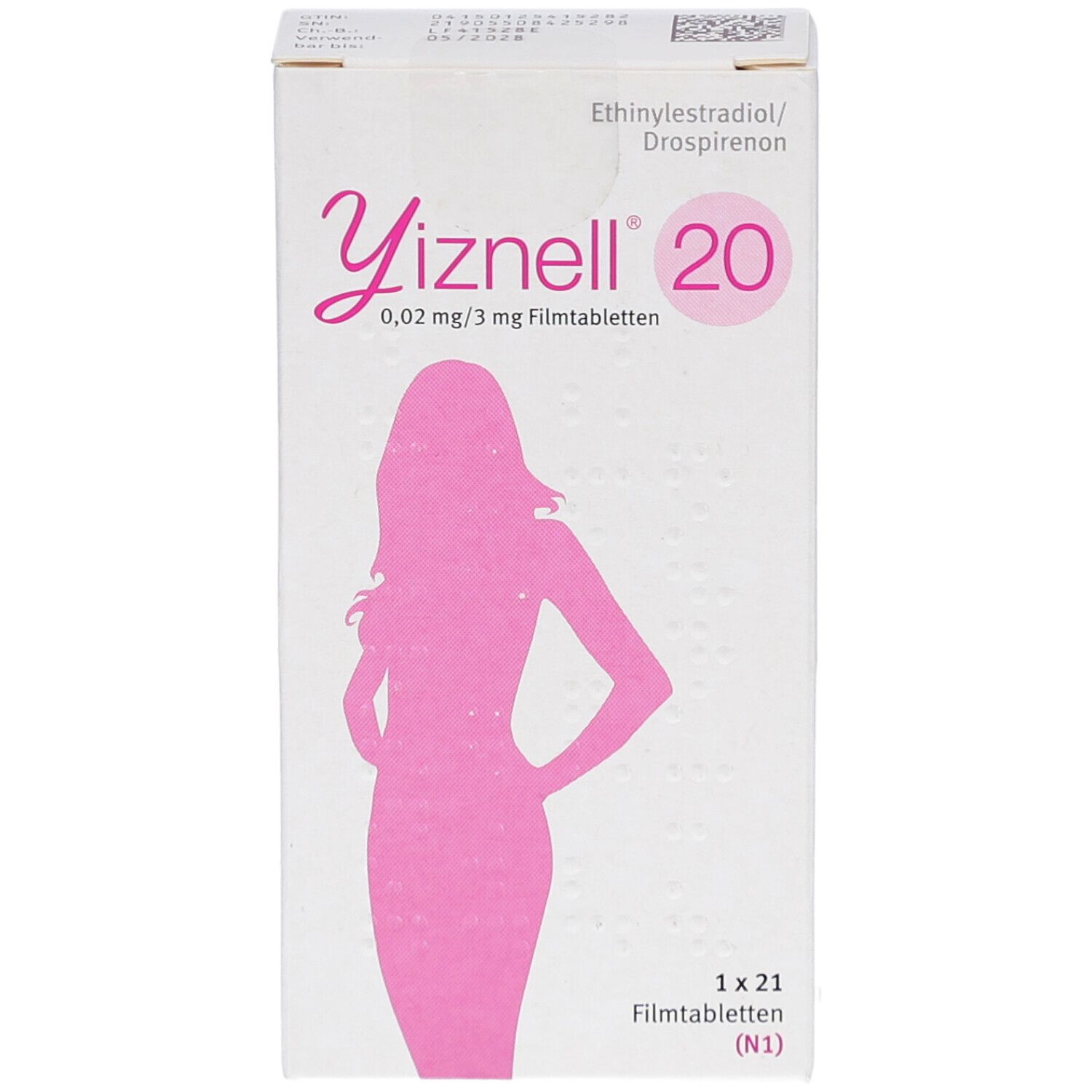 Schachtel mit Yiznell 20. Aufdruck: 0,02 mg/3 mg Filmtabletten. Abbildung einer Frau in Pink. 1 x 21 Filmtabletten.