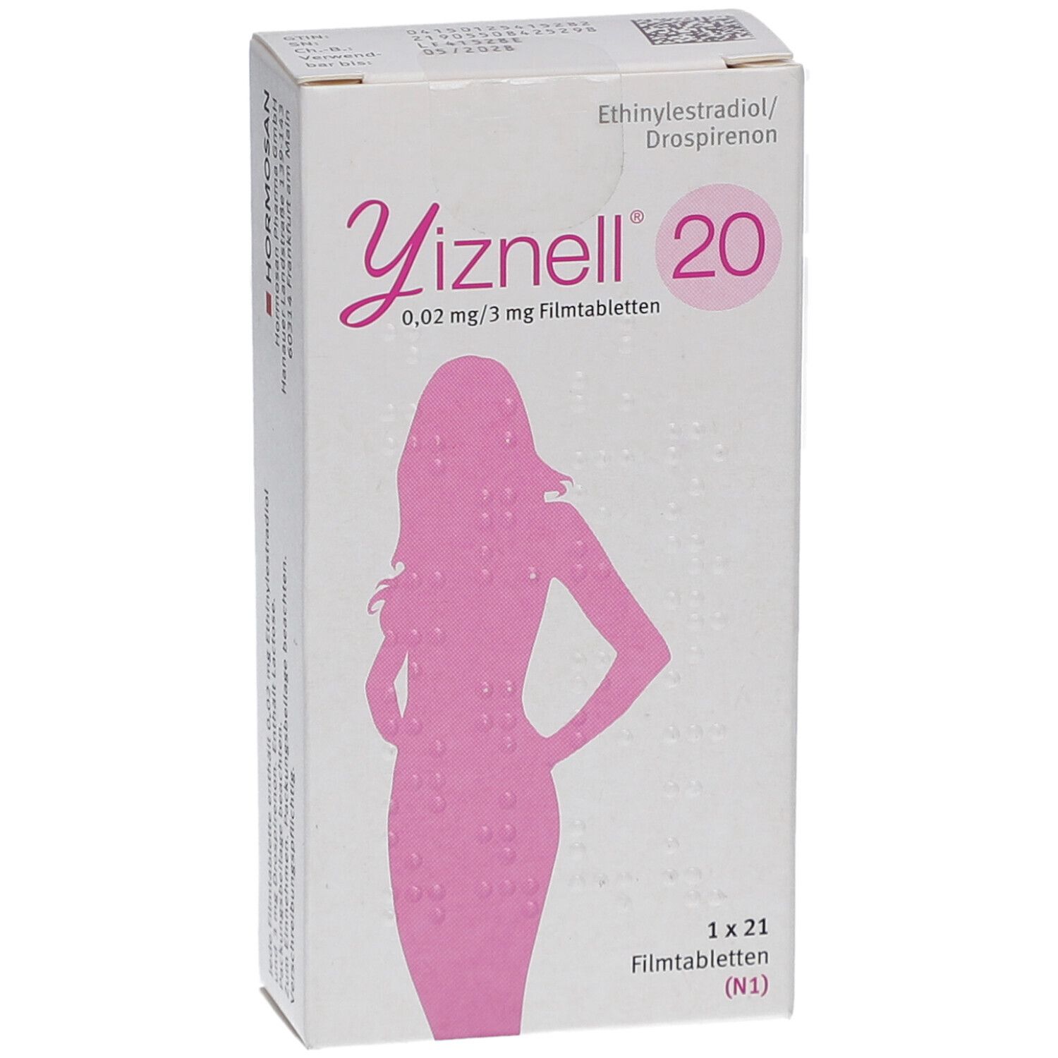 Schachtel mit Yiznell 20. Aufdruck: 0,02 mg/3 mg Filmtabletten. Abbildung einer Frau in Pink. 1 x 21 Filmtabletten.