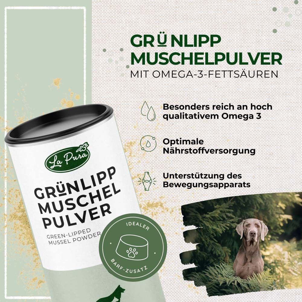 Dose La Pura Grünlippmuschelpulver mit Omega-3-Fettsäuren. Produktname, Logo, Icons und Hund. Barf-Zusatz.