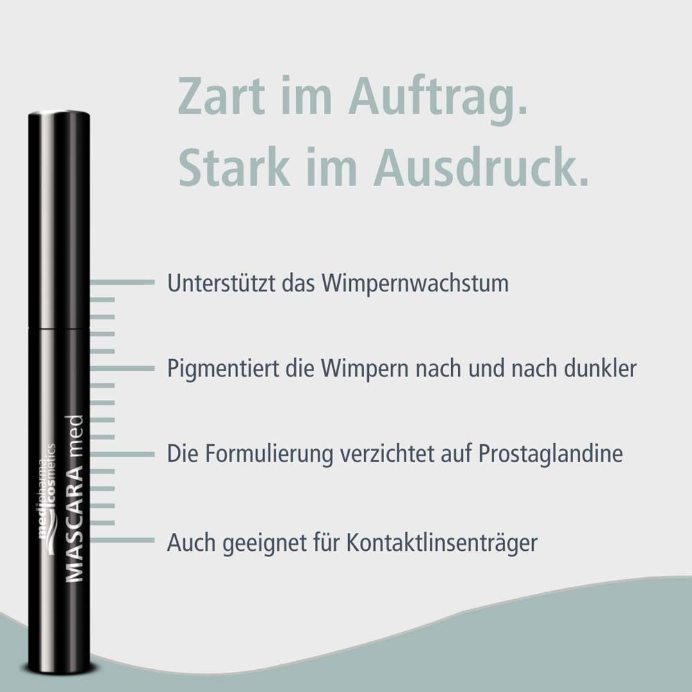 Schwarze Mascara-Tube. Text: Zart im Auftrag. Stark im Ausdruck. Unterstützt das Wimpernwachstum.