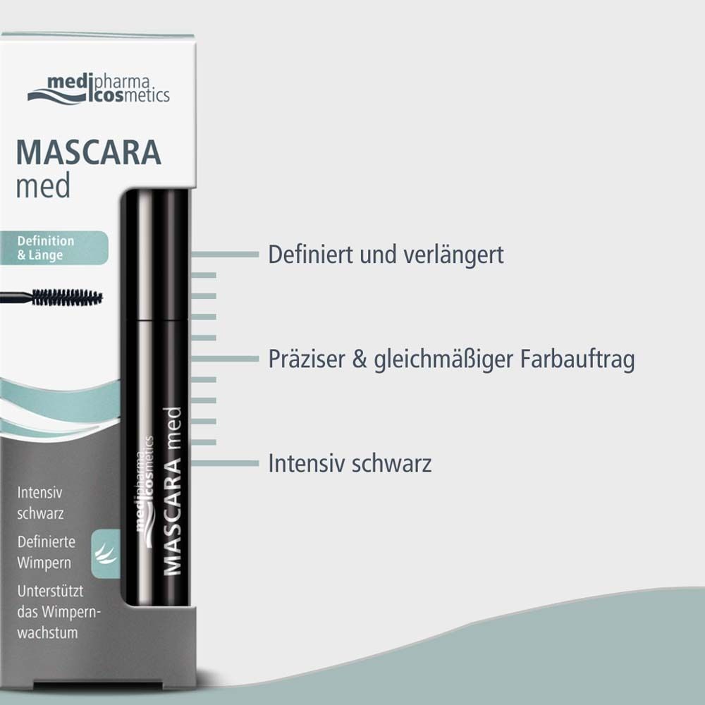 Mascara-Tube in Verpackung. Aufschrift: medipharma cosmetics, Mascara med. Text: Definiert und verlängert.