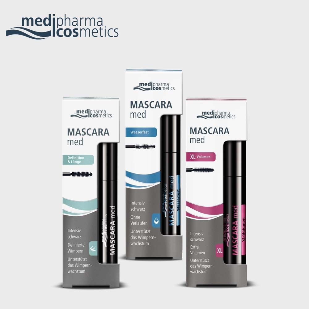 Drei Mascara-Tuben in Verpackungen. Aufschrift: medipharma cosmetics, Mascara med. Verschiedene Farben.
