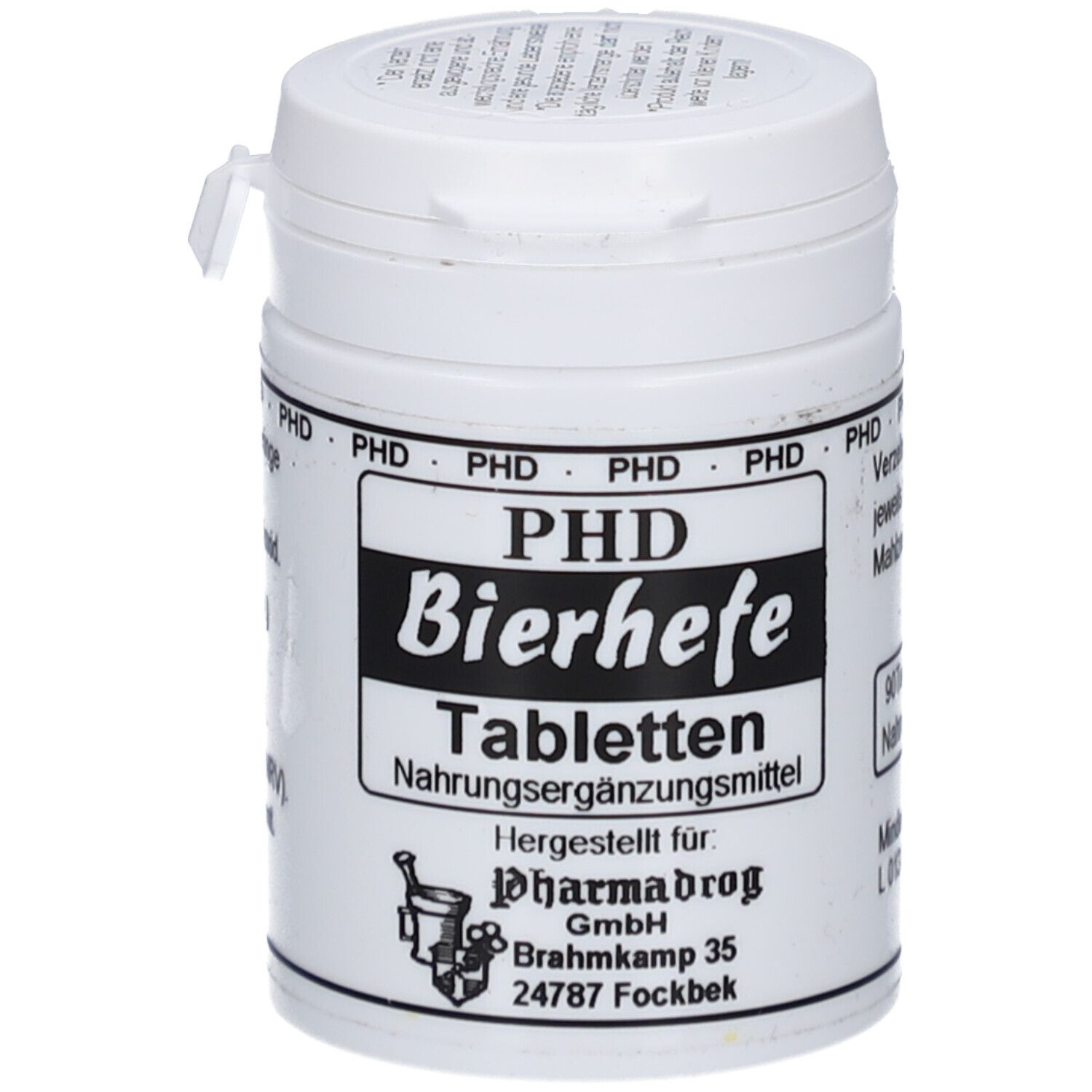 Weiße Dose mit schwarzem Etikett. Aufschrift: PHD Bierhefe Tabletten. Nahrungsergänzungsmittel. Hersteller: Pharmadrog.