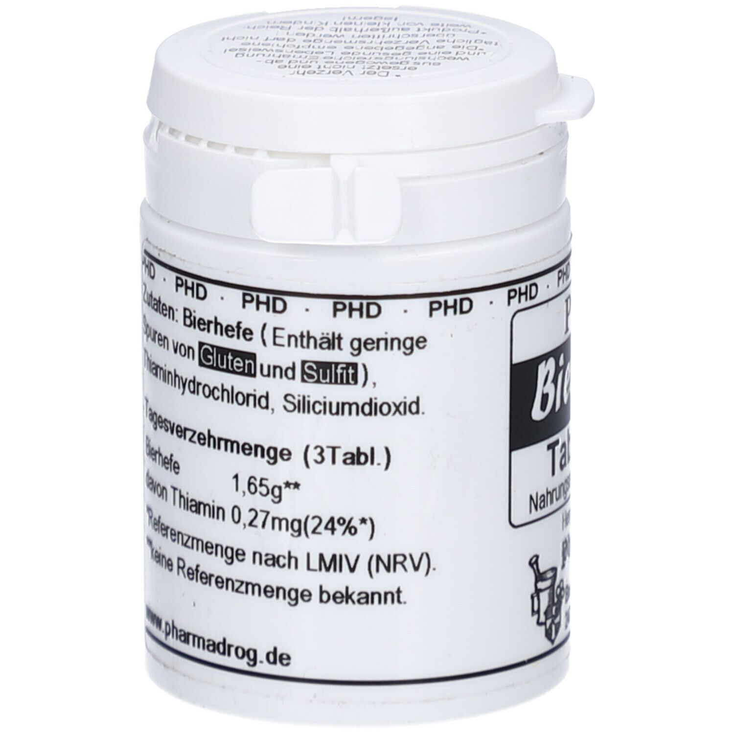 Weiße Dose mit Etikett. Zutaten: Bierhefe, Gluten, Sulfite. Tagesverzehrmenge: 3 Tabletten. Enthält Thiamin. www.pharmadrog.de.
