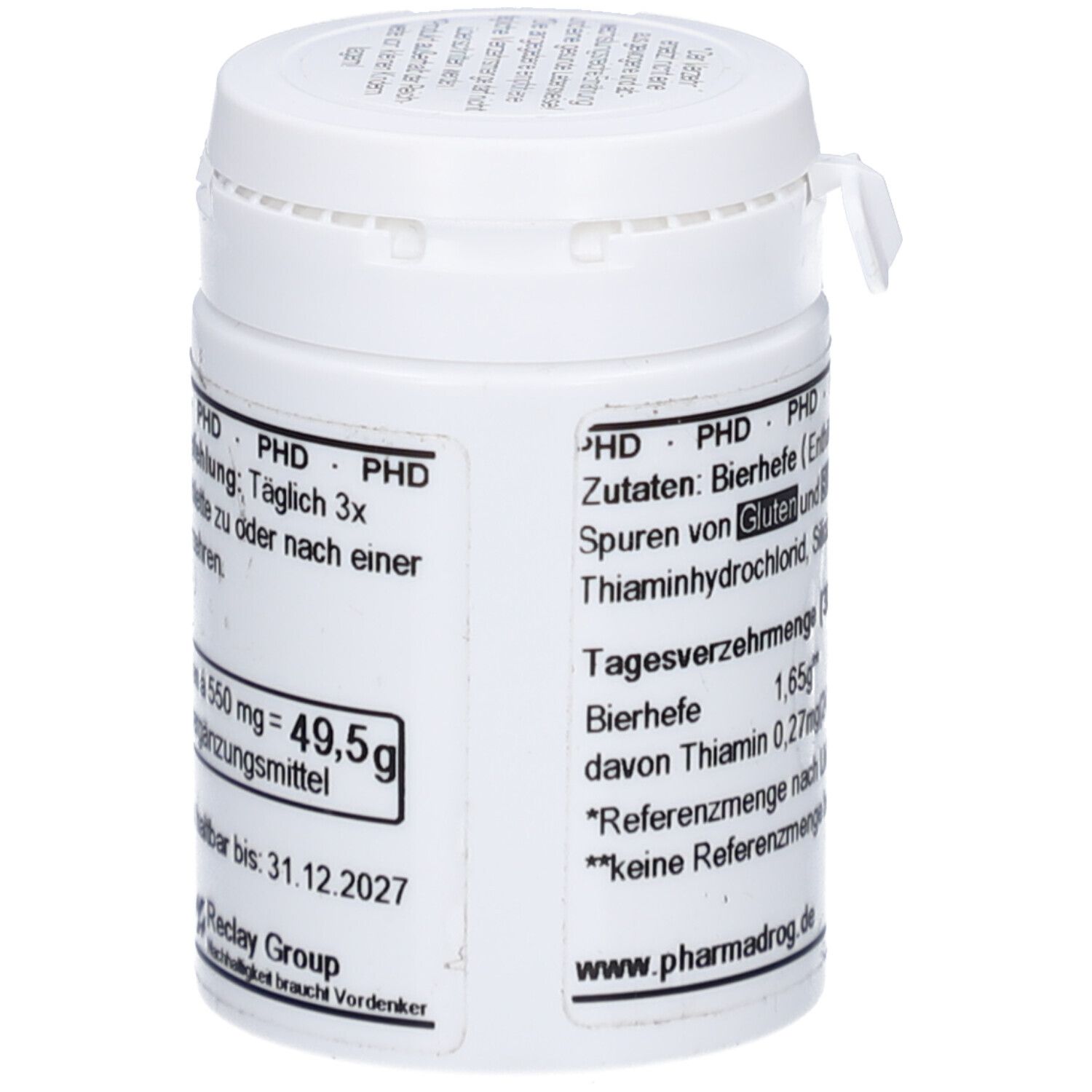 Weiße Dose mit Etikett. Inhalt: 49,5g. Mindestens haltbar bis 31.12.2027. Zutaten: Bierhefe. Enthält Gluten und Sulfite. www.pharmadrog.de.