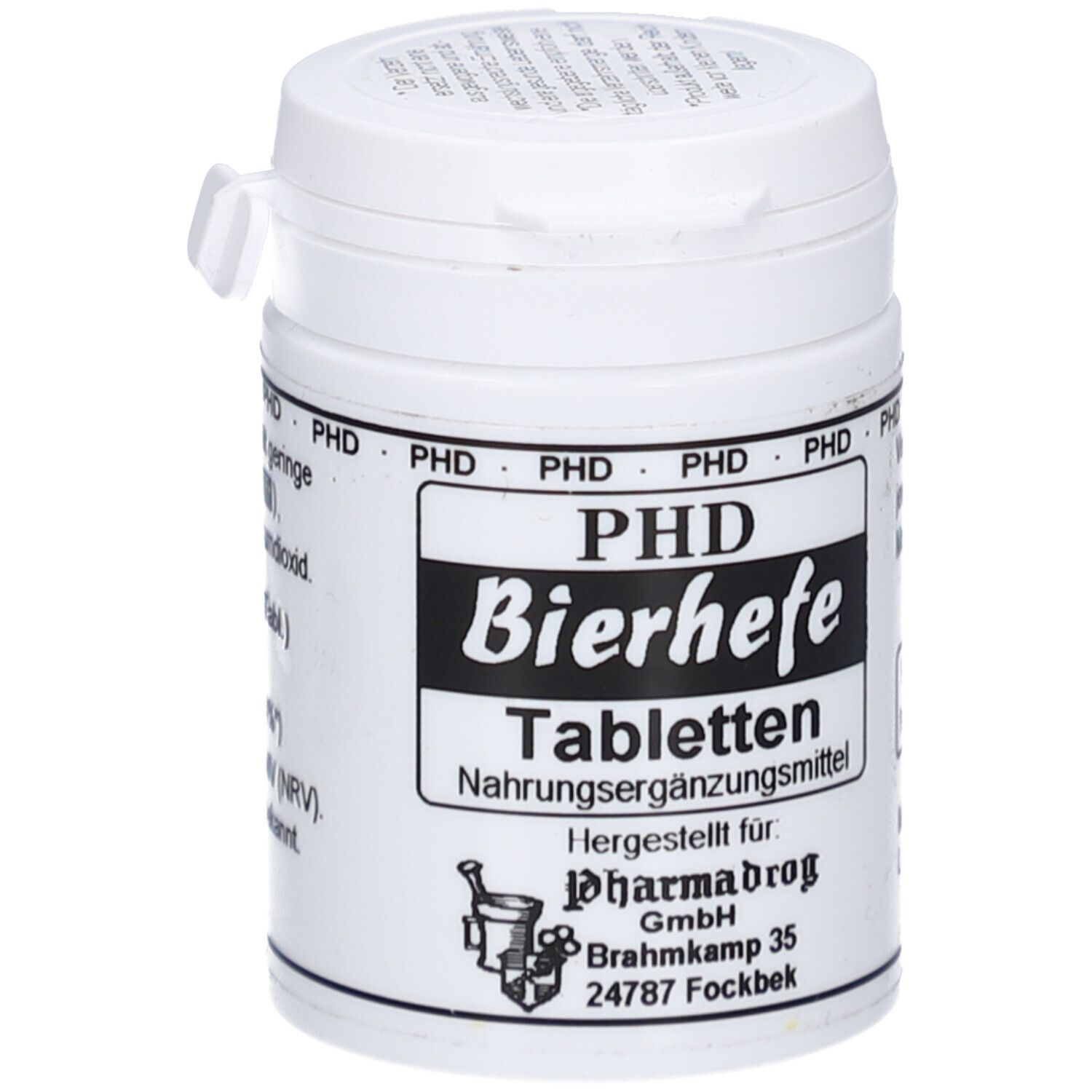 Weiße Dose mit schwarzem Etikett. Aufschrift: PHD Bierhefe Tabletten. Nahrungsergänzungsmittel. Hersteller: Pharmadrog GmbH.