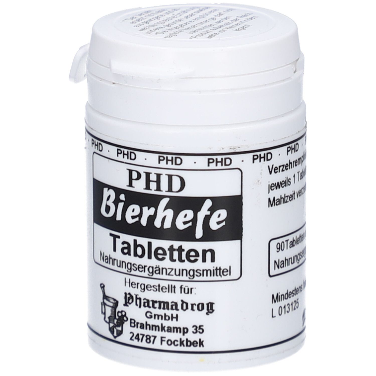 Weiße Dose mit Etikett. Aufschrift: PHD Bierhefe Tabletten. 90 Tabletten. Nahrungsergänzungsmittel. Mindestens haltbar bis L 013125.