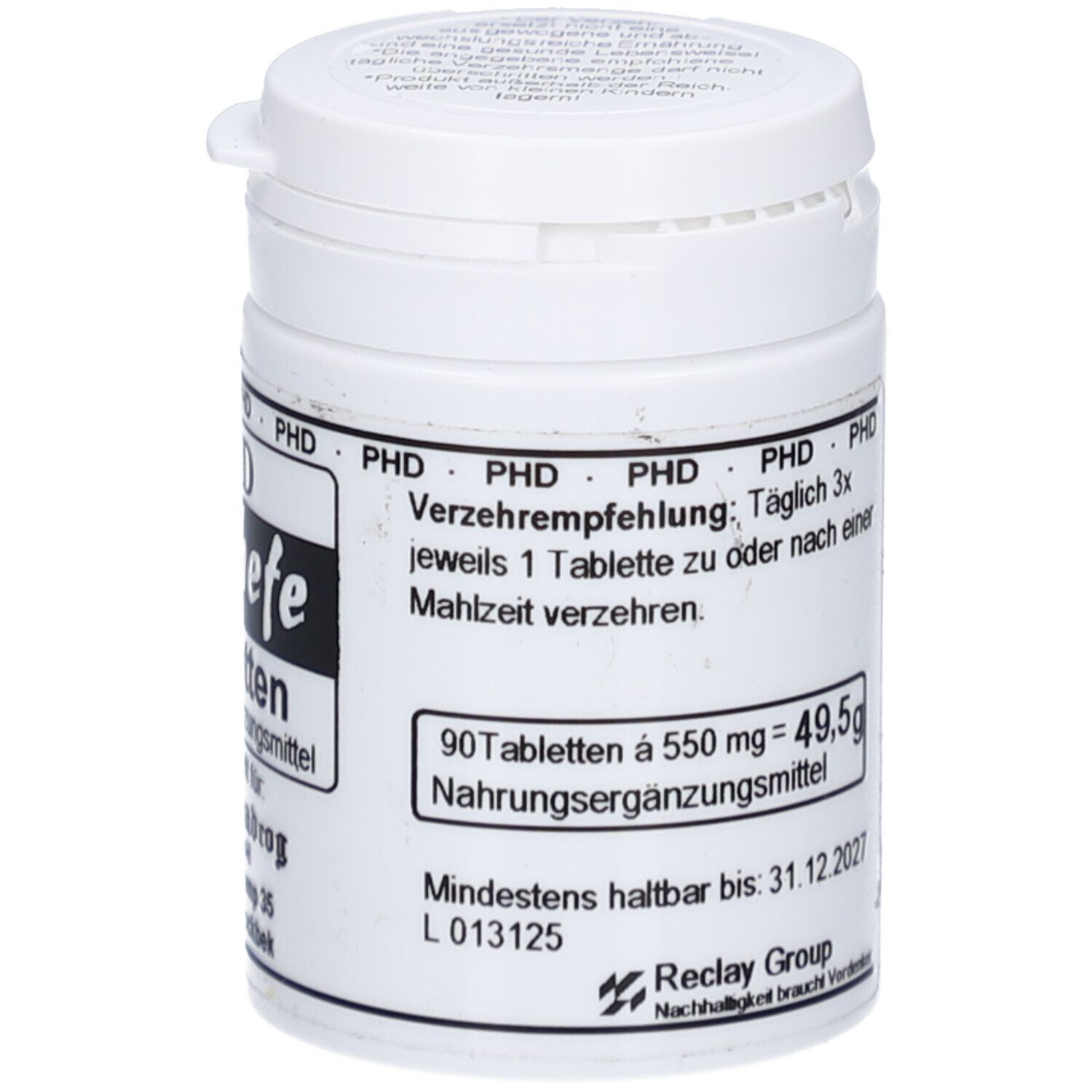 Weiße Dose mit Etikett. 90 Tabletten. Verzehrempfehlung: Täglich 3 Tabletten. Mindestens haltbar bis 31.12.2027. L 013125.