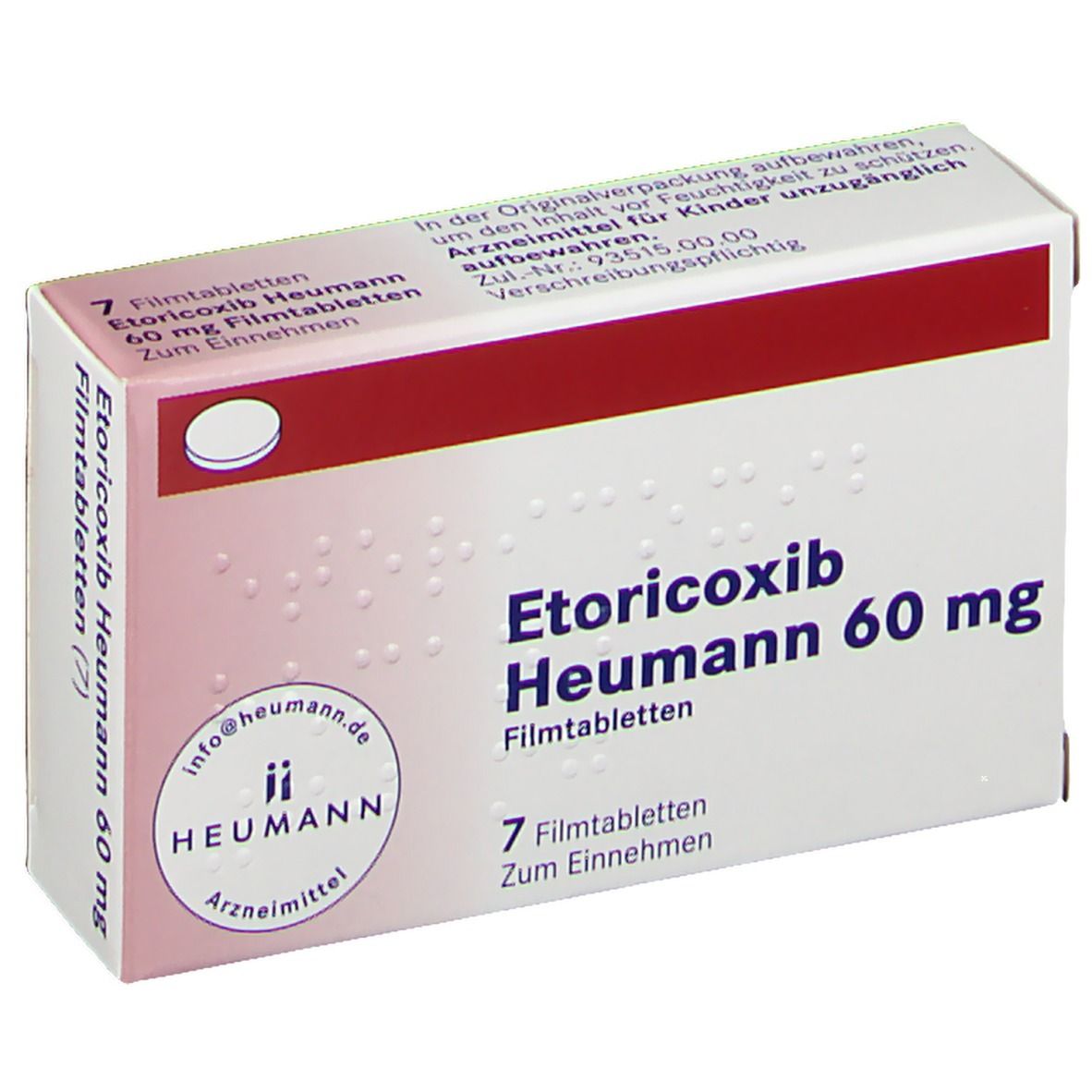 Schachtel mit Etoricoxib Heumann 60 mg Filmtabletten. 7 Tabletten. Rote und weiße Farbgebung. Heumann-Logo.