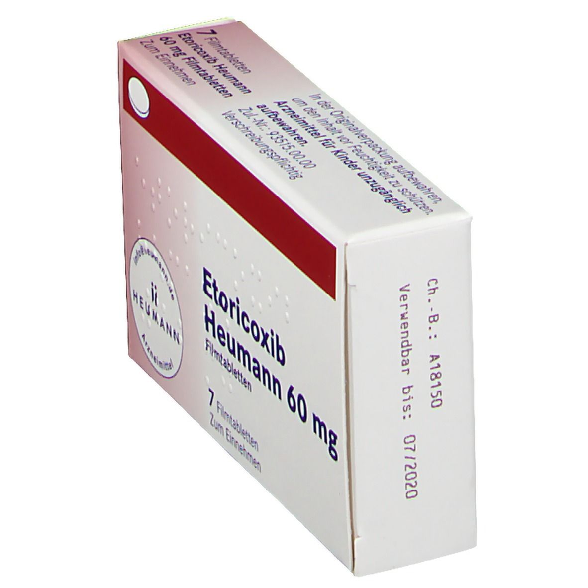 Schachtel Etoricoxib Heumann 60 mg, 7 Filmtabletten. Weiße Schachtel mit rotem Streifen. Seitenansicht.