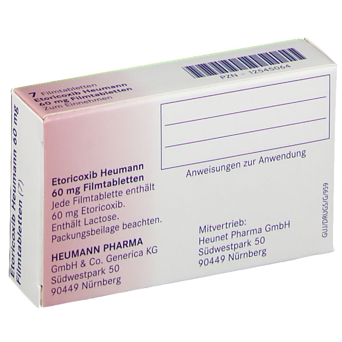 Rückseite der Schachtel Etoricoxib Heumann 60 mg. Text: Heumann Pharma, Inhaltsstoffe, Anweisungen zur Anwendung.