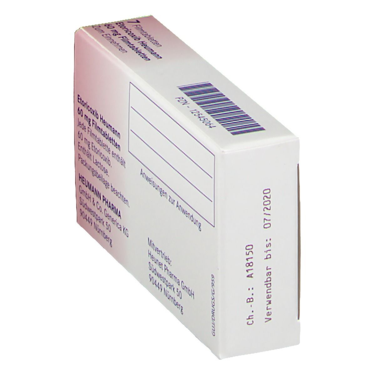 Schachtel Etoricoxib Heumann 60 mg, 7 Filmtabletten. Rückansicht. Haltbarkeitsdatum: 07/2020.