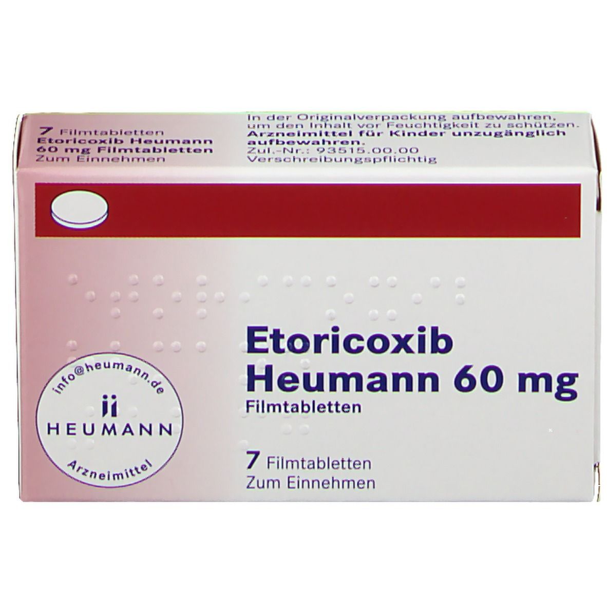Schachtel mit Etoricoxib Heumann 60 mg Filmtabletten. 7 Tabletten. Rote und weiße Farbgebung. Heumann-Logo.