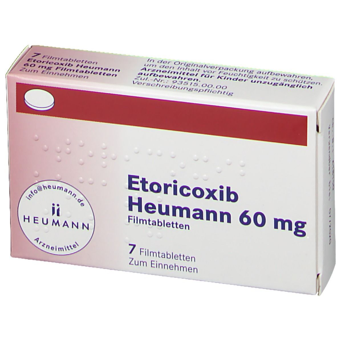 Schachtel mit Etoricoxib Heumann 60 mg Filmtabletten. 7 Tabletten. Rote und weiße Farbgebung. Heumann-Logo.