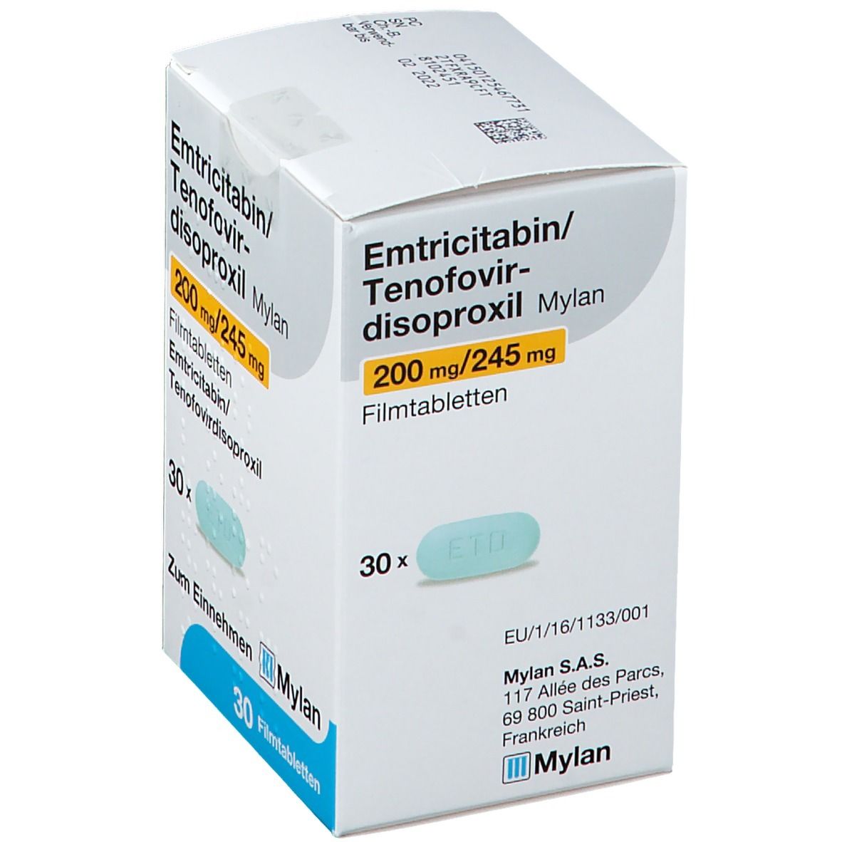 EMTRICITABIN/Tenofovirdisoproxil Mylan 200/245 mg 30 St Filmtabletten