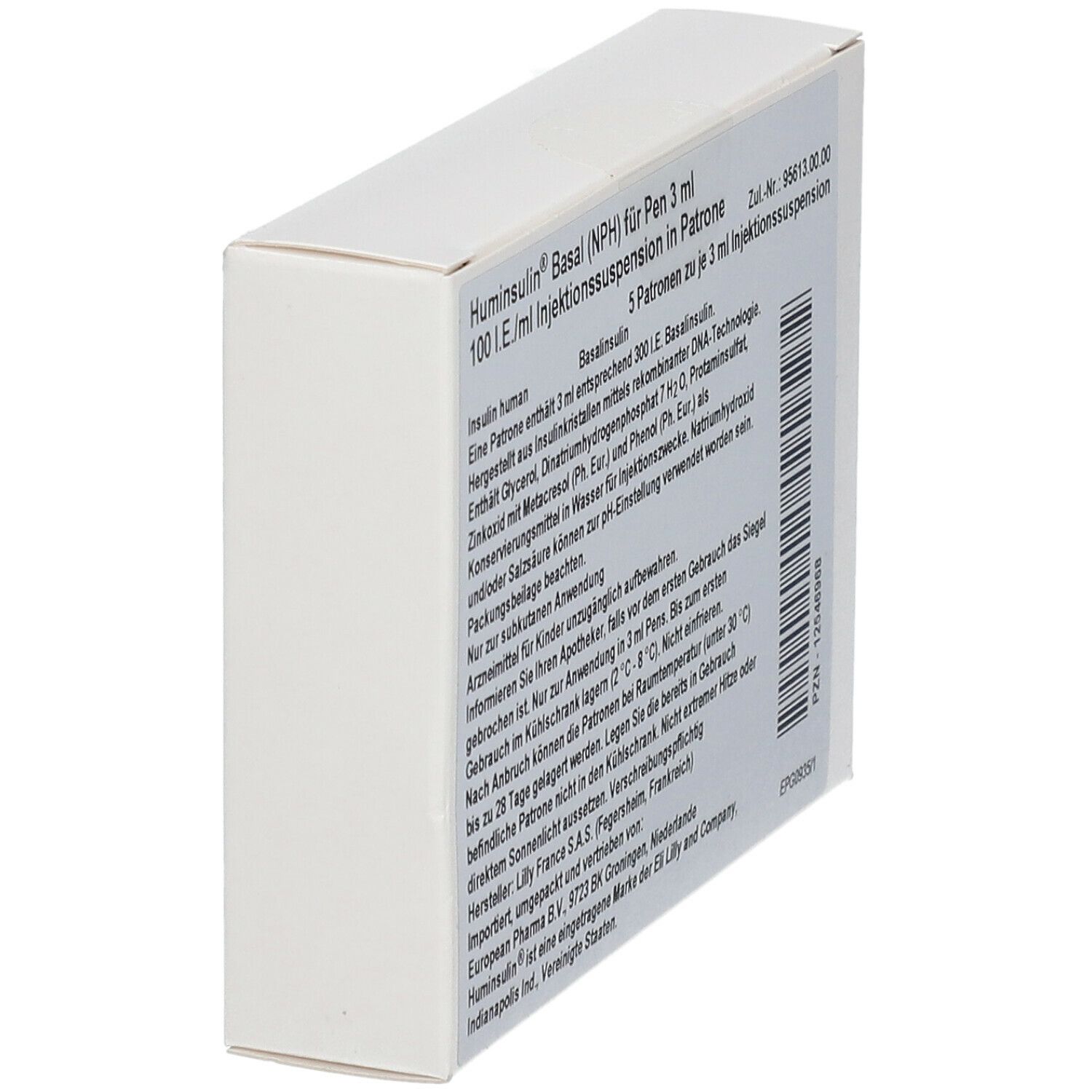 Weiße Verpackung, schräg von der Seite gesehen. Aufschrift: Huminsulin Basal (NPH) für Pen 3 ml. 100 I.E./ml Injektionssuspension in Patrone. Enthält 5 Patronen.