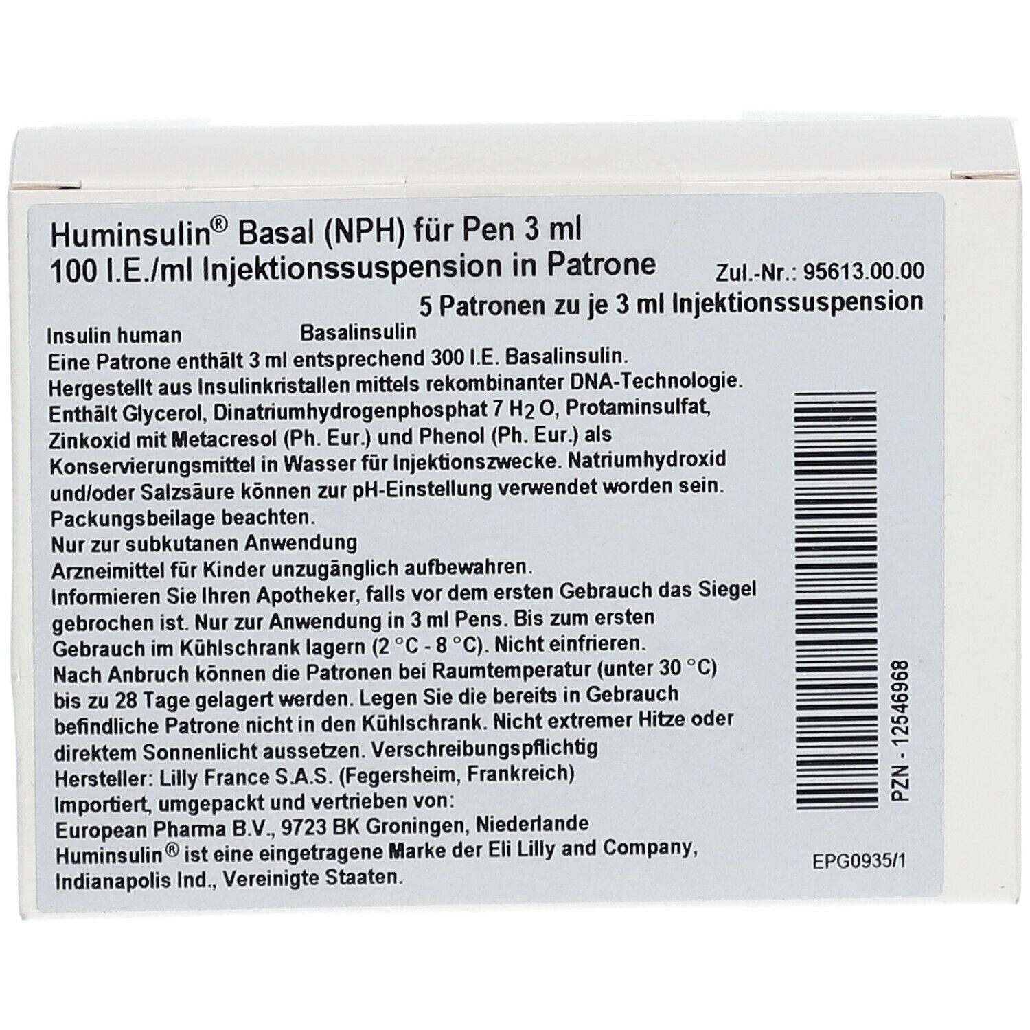Weiße Verpackung mit Text. Aufschrift: Huminsulin Basal (NPH) für Pen 3 ml. 100 I.E./ml Injektionssuspension in Patrone. Enthält 5 Patronen.