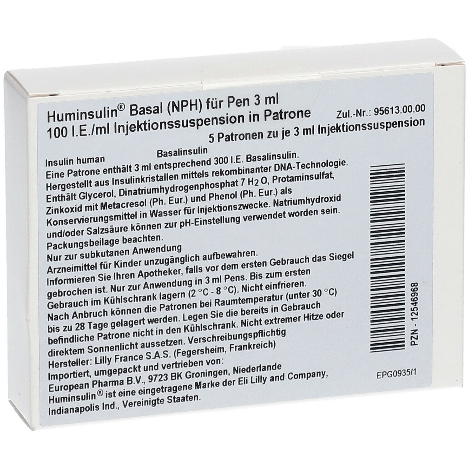 Weiße Verpackung mit Text. Aufschrift: Huminsulin Basal (NPH) für Pen 3 ml. 100 I.E./ml Injektionssuspension in Patrone. Enthält 5 Patronen.