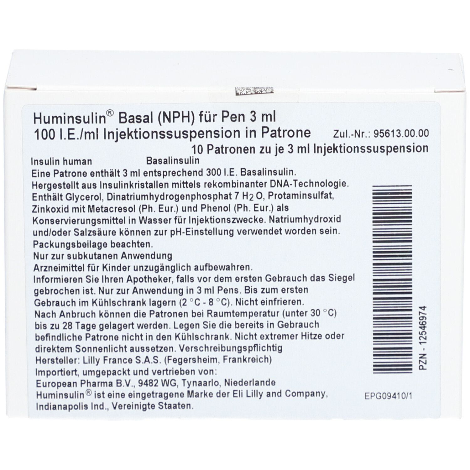 Weiße Verpackung mit Text. Beschriftung: Huminsulin Basal (NPH) für Pen 3 ml. 100 I.E./ml Injektionssuspension in Patrone. 10 Patronen.