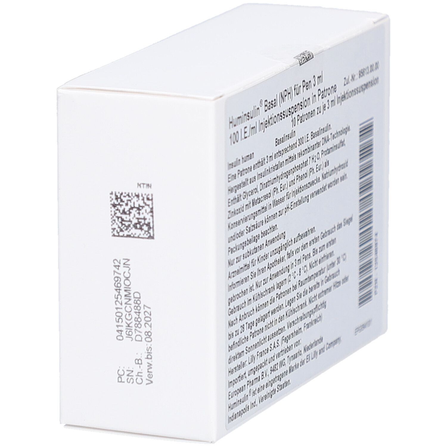 Weiße rechteckige Verpackung. Auf der Seite ein QR-Code und Text. Verfallsdatum: 08.2027.