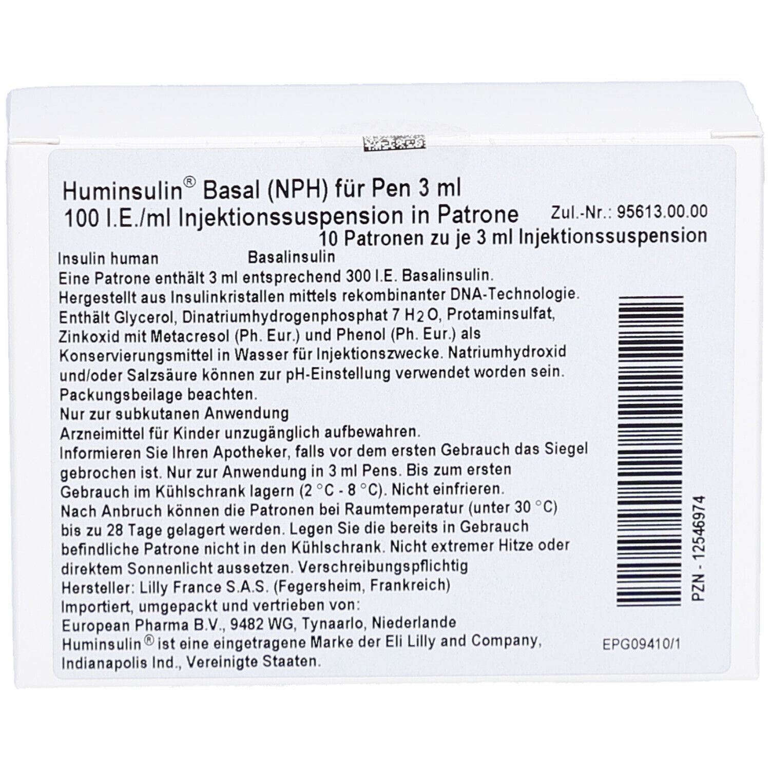 Weiße rechteckige Verpackung mit Text. Aufschrift: Huminsulin Basal (NPH) für Pen 3 ml. 10 Patronen zu je 3 ml Injektionssuspension.